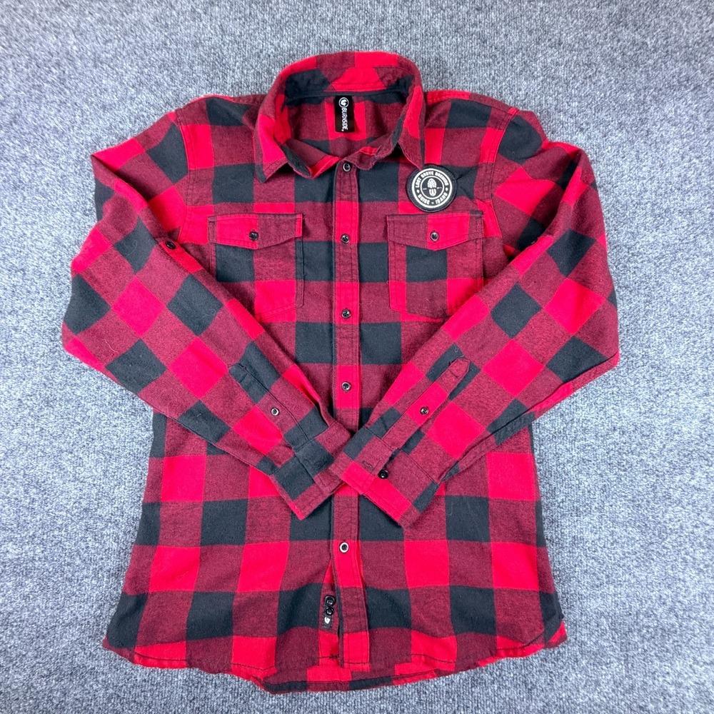 Burnside Flannel Shirt Mens Medium Red Black Plaid Lost Grove Brewing Button Up